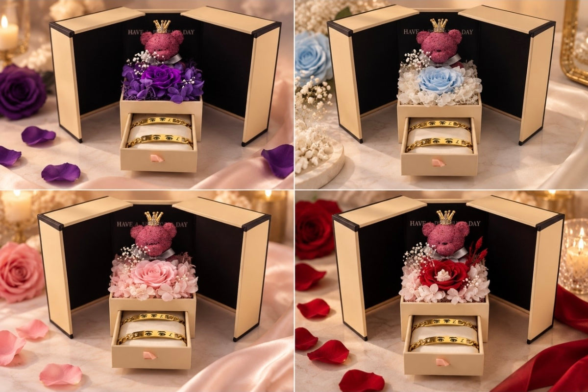Premium Rosenbox mit Augen-Partnerarmbändern in vier Farben