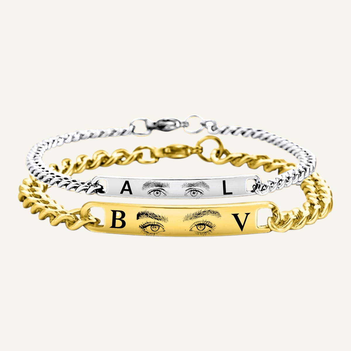 Goldenes Partnerarmband aus Edelstahl mit personalisierter Gravur