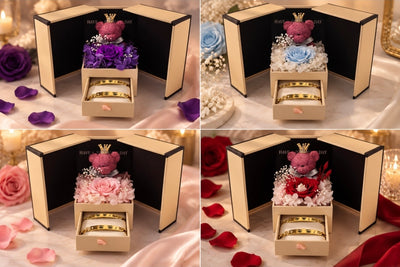 Premium Rosenbox mit Augen-Partnerarmbändern in vier Farben