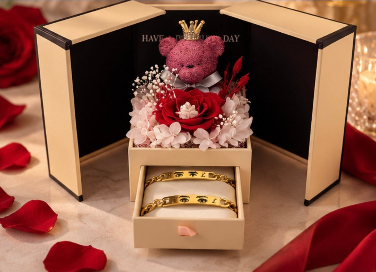 Rote Rosenbox mit personalisierten Augen-Partnerarmbändern